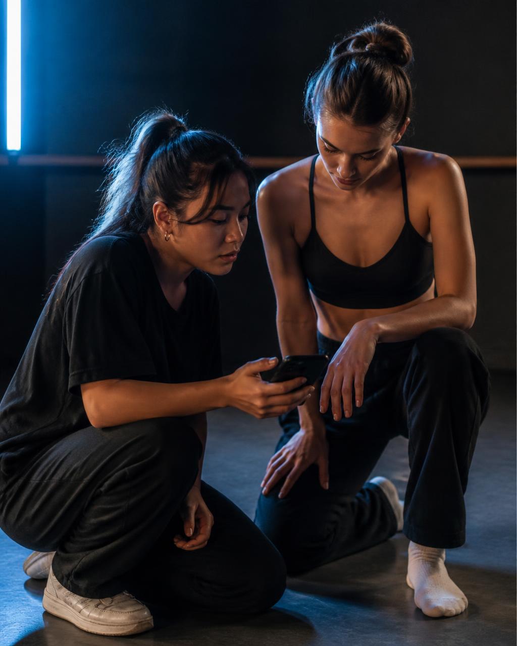 A coach reviewing a dancer's video with them in a rehearsal room