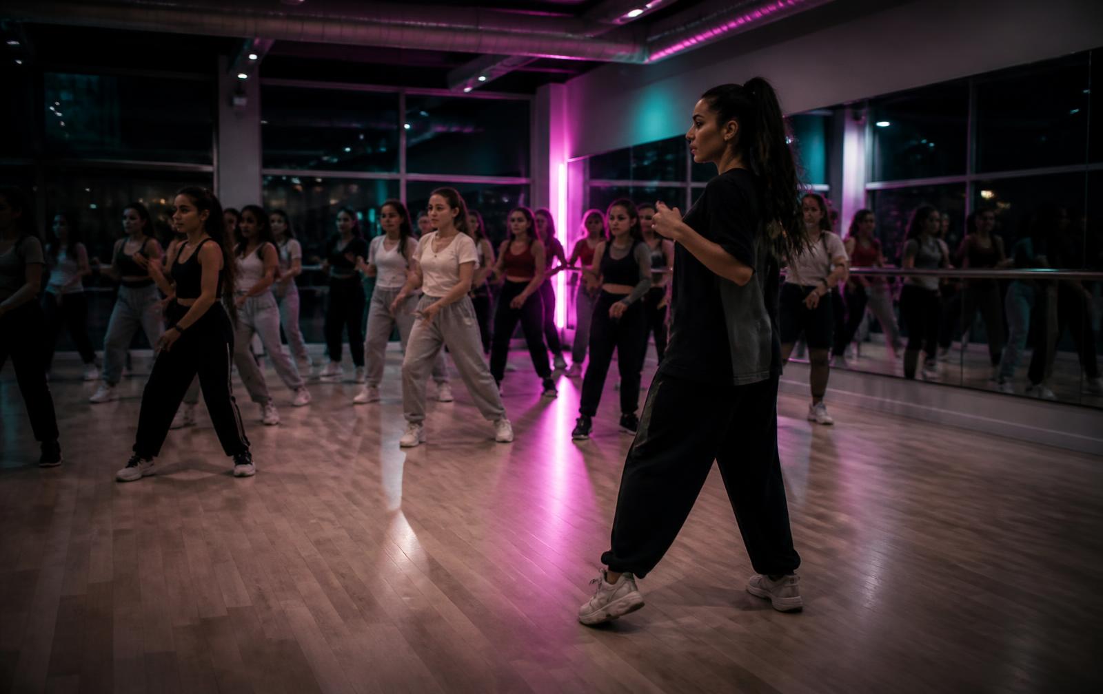 A teacher leading a full class of dancers in a studio at night