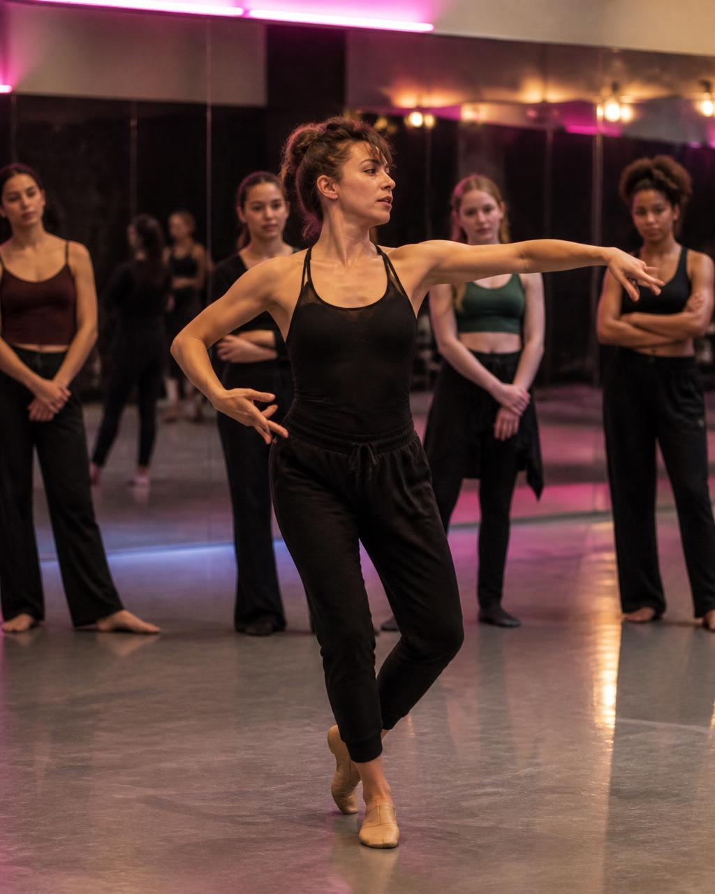 A choreographer teaching a small class in a mirrored studio